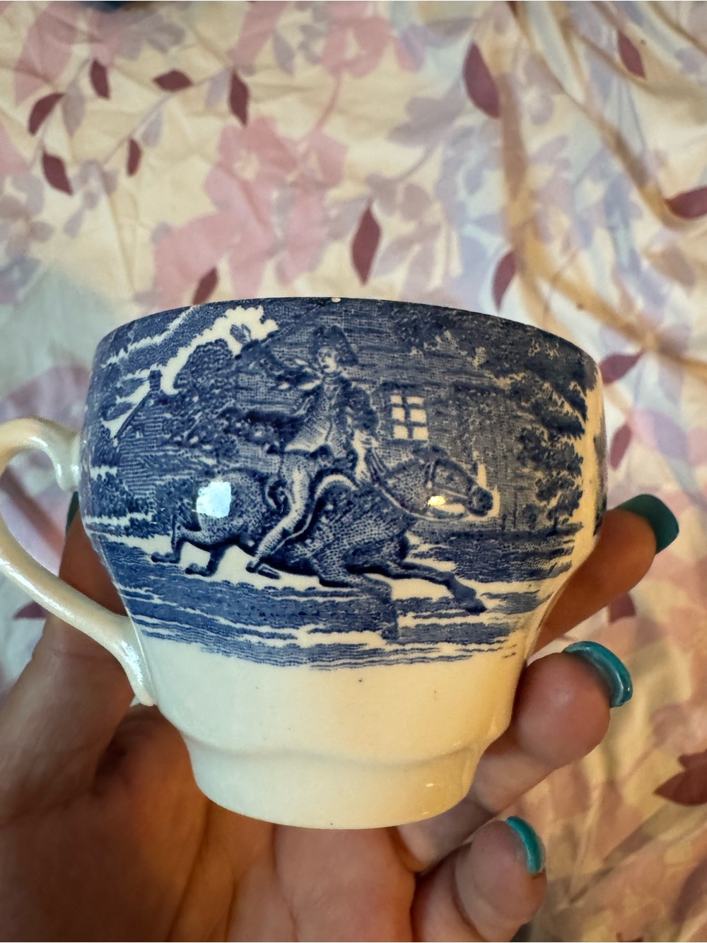 Blue and White Transferware Teacup with Hunting Scene